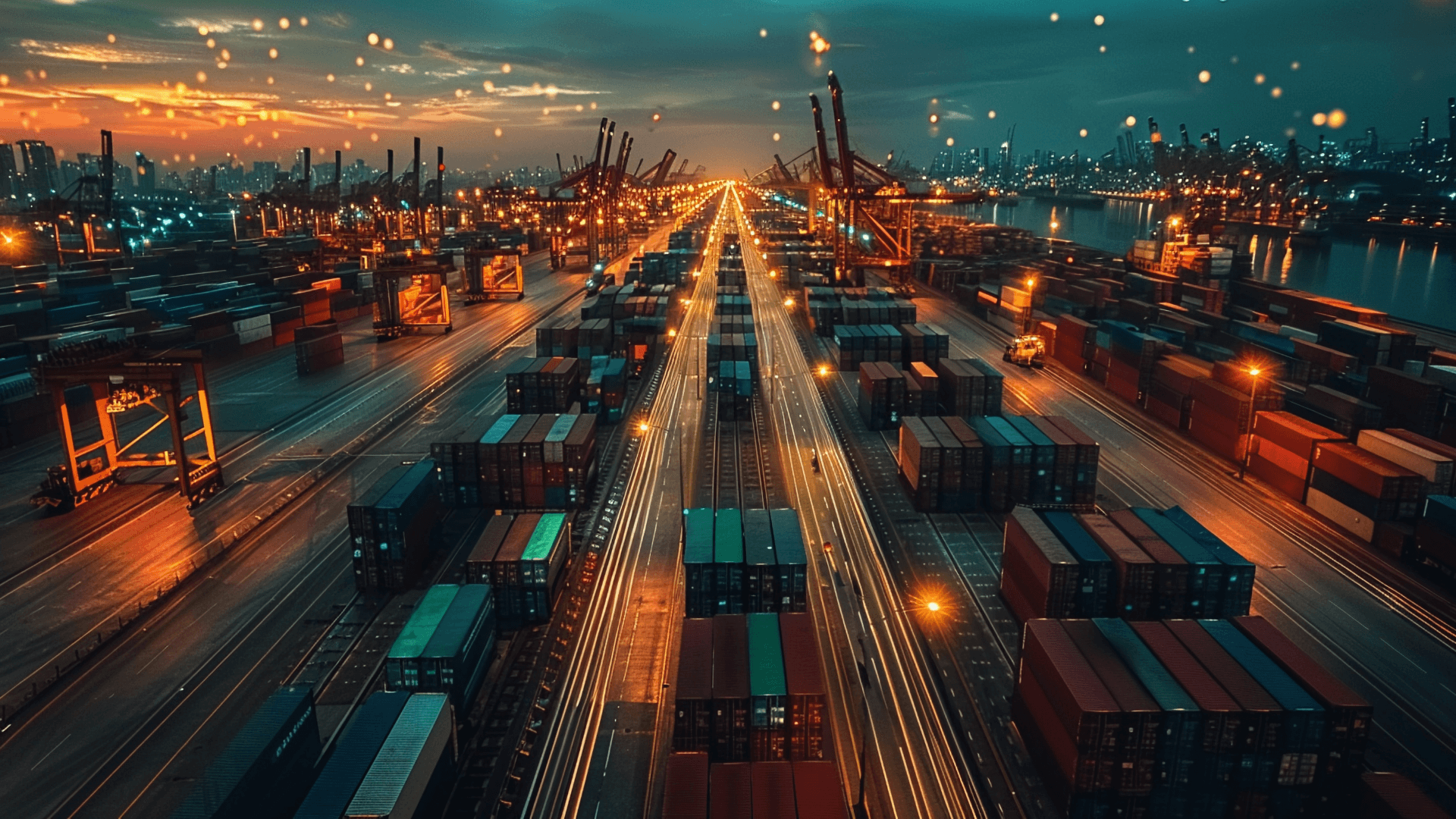 A supply chain yard at dusk awaits renewable energy components for manufacturers in the U.S.