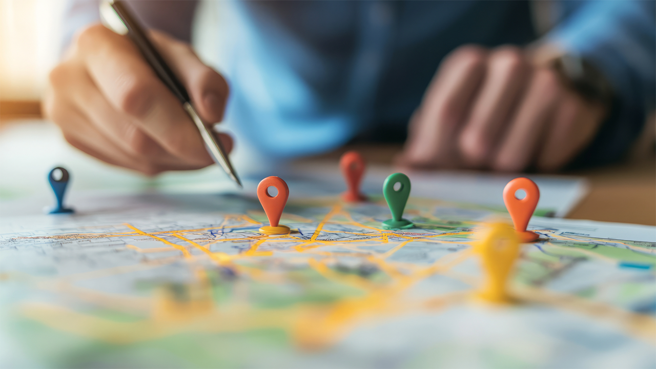 A man marks his multi-location franchises on a map as part of planned energy procurement strategies.