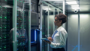 A woman in a business suit uses a tablet to check data center energy efficiency readings.