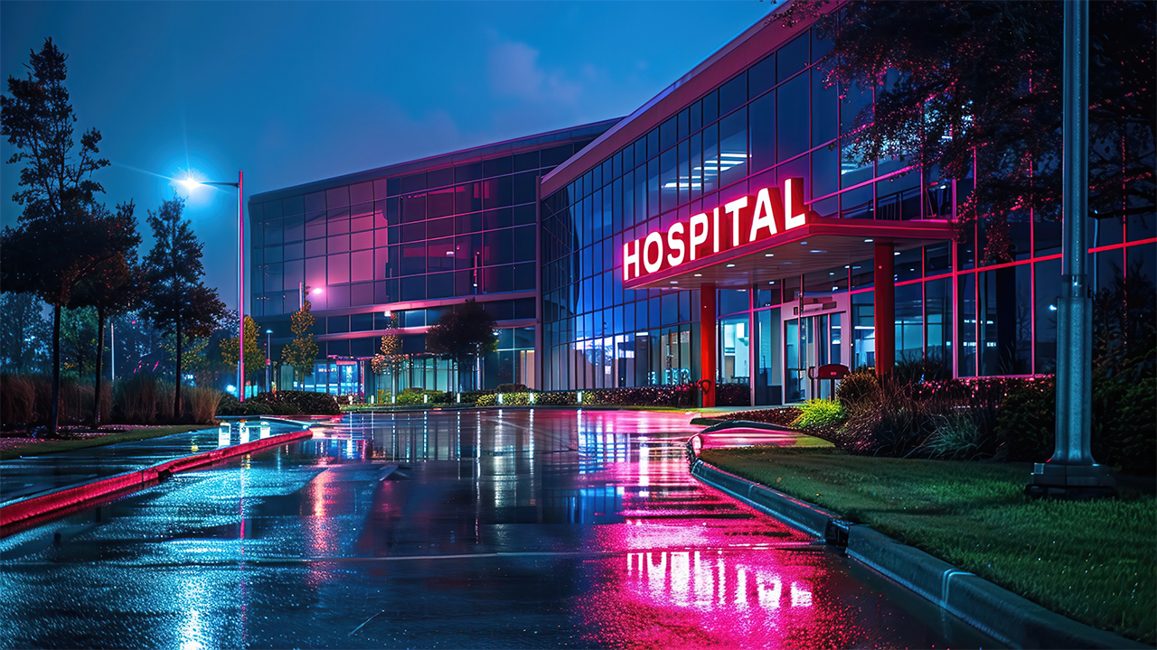 The exterior of a hospital at night, with lighting that can impact an energy management plan for this healthcare facility.