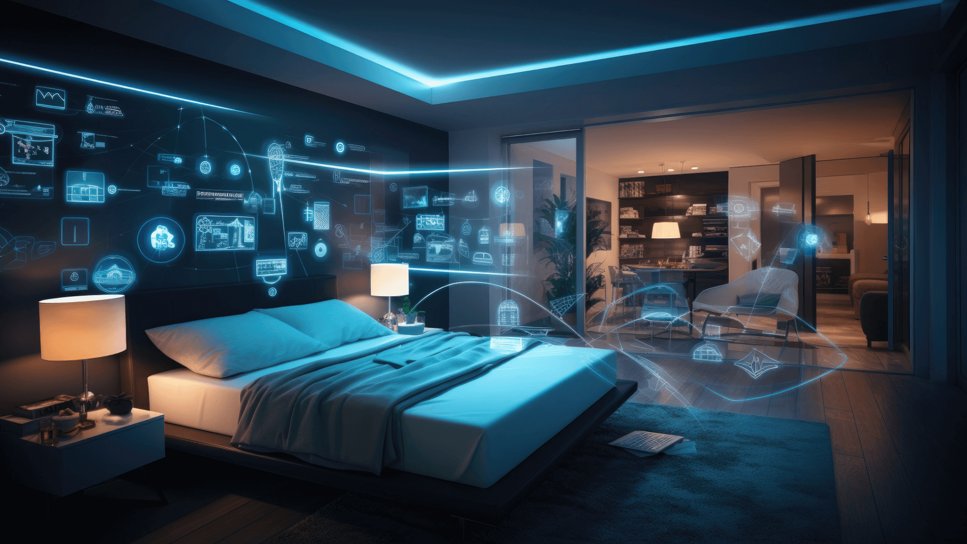 A hotel room with an overlay of symbols denoting energy usage that add to hotel energy costs.