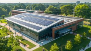 A college building hosts solar panels on its roof as part of its sustainable energy program.