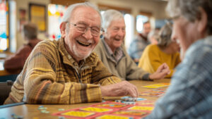 A group of seniors in a senior living facility play bingo.