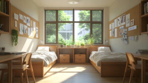 A college dorm room with two beds, two desks, two night stands, and bulletin boards for each occupant.