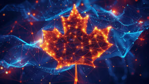 A Canadian maple leaf created by energy waves to symbolize the impending Canadian tariffs on energy pricing.