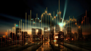 A cityscape at night with energy graphs superimposed to represent energy market forecasting.