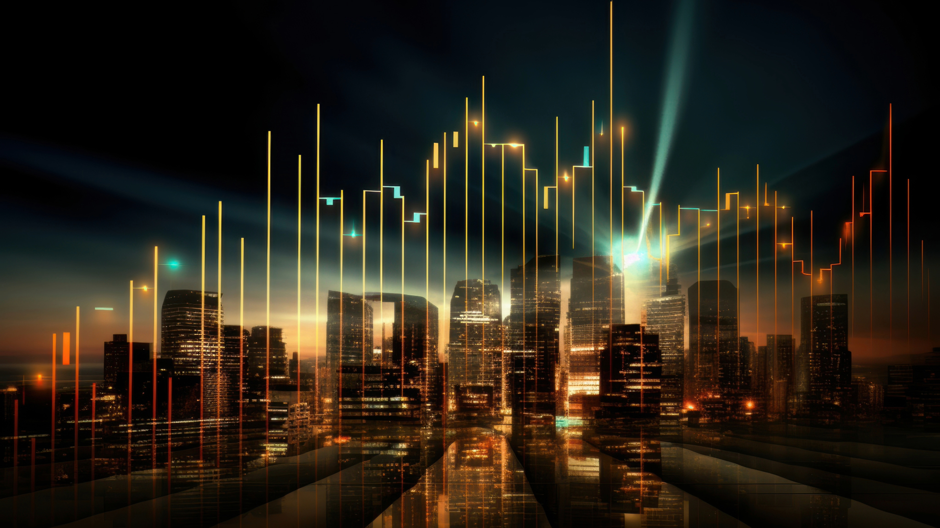 A cityscape at night with energy graphs superimposed to represent energy market forecasting.