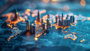 A wprld map lit up with a city in the middle of it to illustrate how global events impact energy pricing.