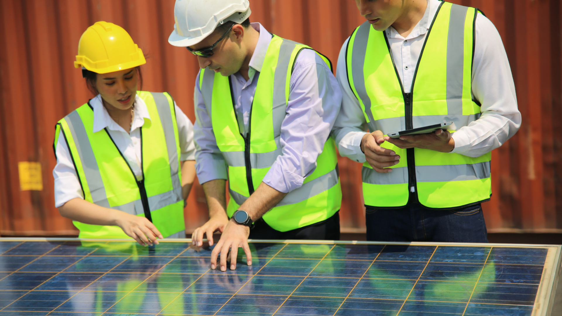 Three energy management personnel attend to a microgrid in New England.