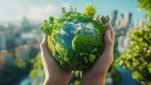 Hands hold an earth representing carbon neutrality. A cityscape appears in the background.