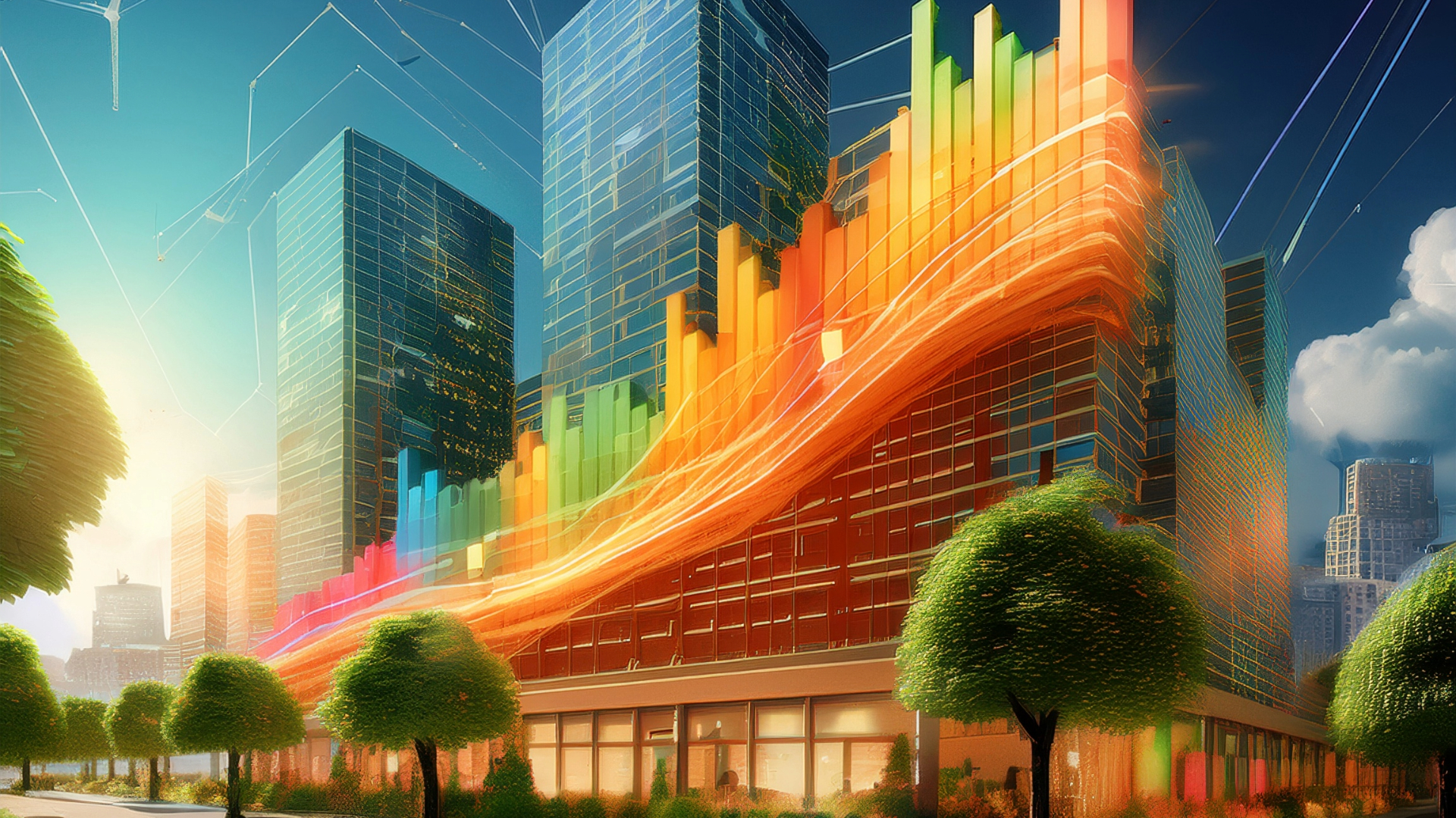 An energy savings grid overlays a cityscape to represent energy costs for summer 2025.
