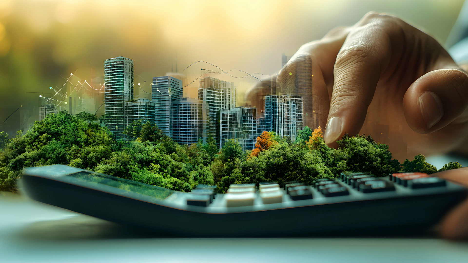 An energy risk management consultant adds up savings on a calculator. A cityscape and greenery is in the background.