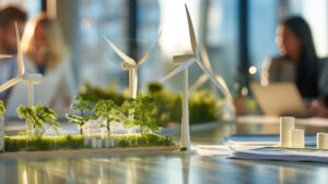 Energy procurement specialists discuss energy hedging strategies in a conference room.