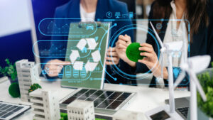 Two energy procurement specialists review renewable energy options for a property management client.
