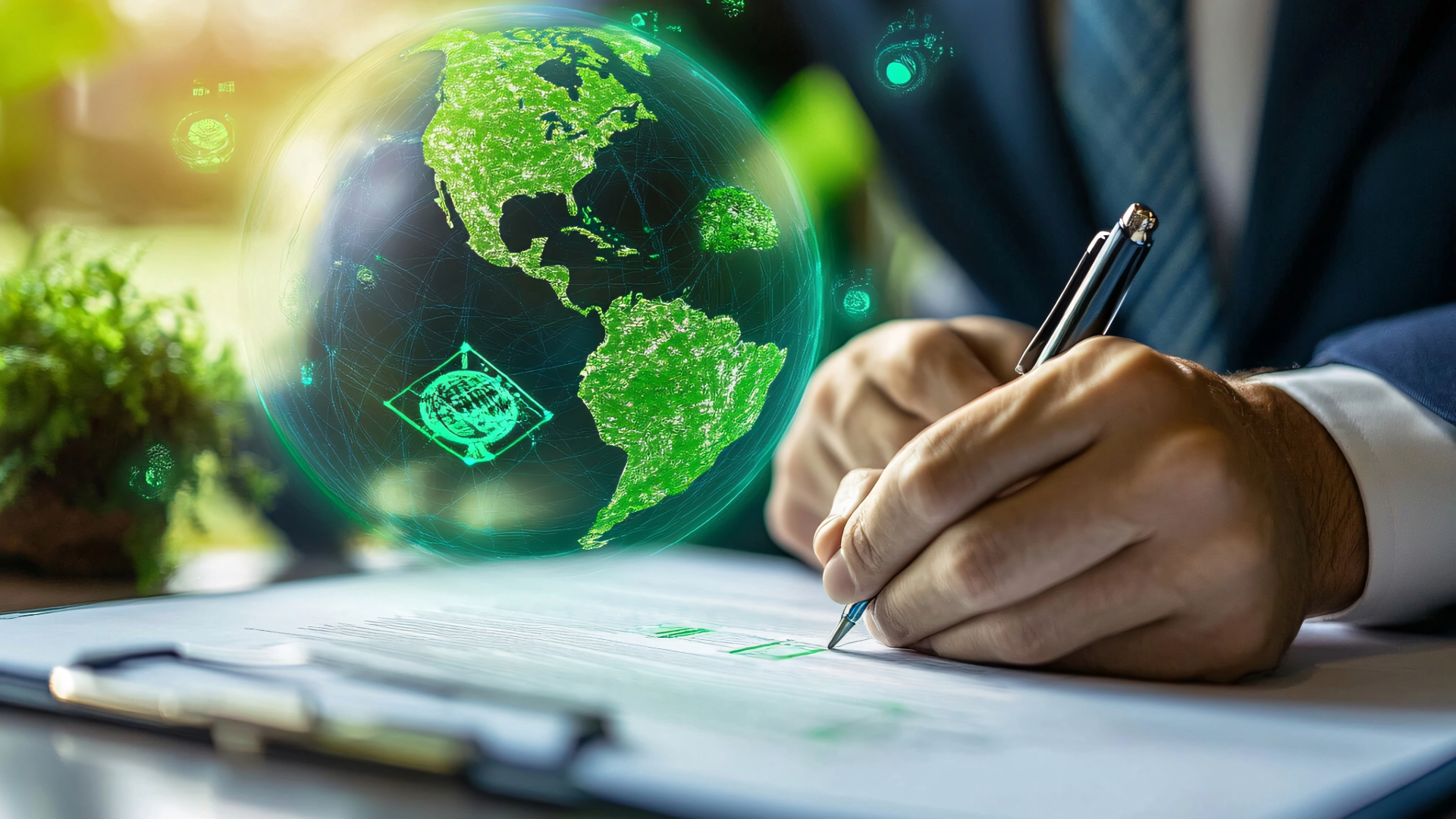A commercial energy procurement specialists works on a strategy for a client. A green earth floats near him.