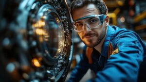 A man performs a maintenance check on manufacturing equipment as part of an energy risk management plan.