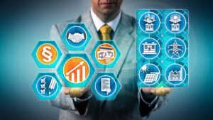 A man in a business suit juggles icons representing energy risk management incentive options.