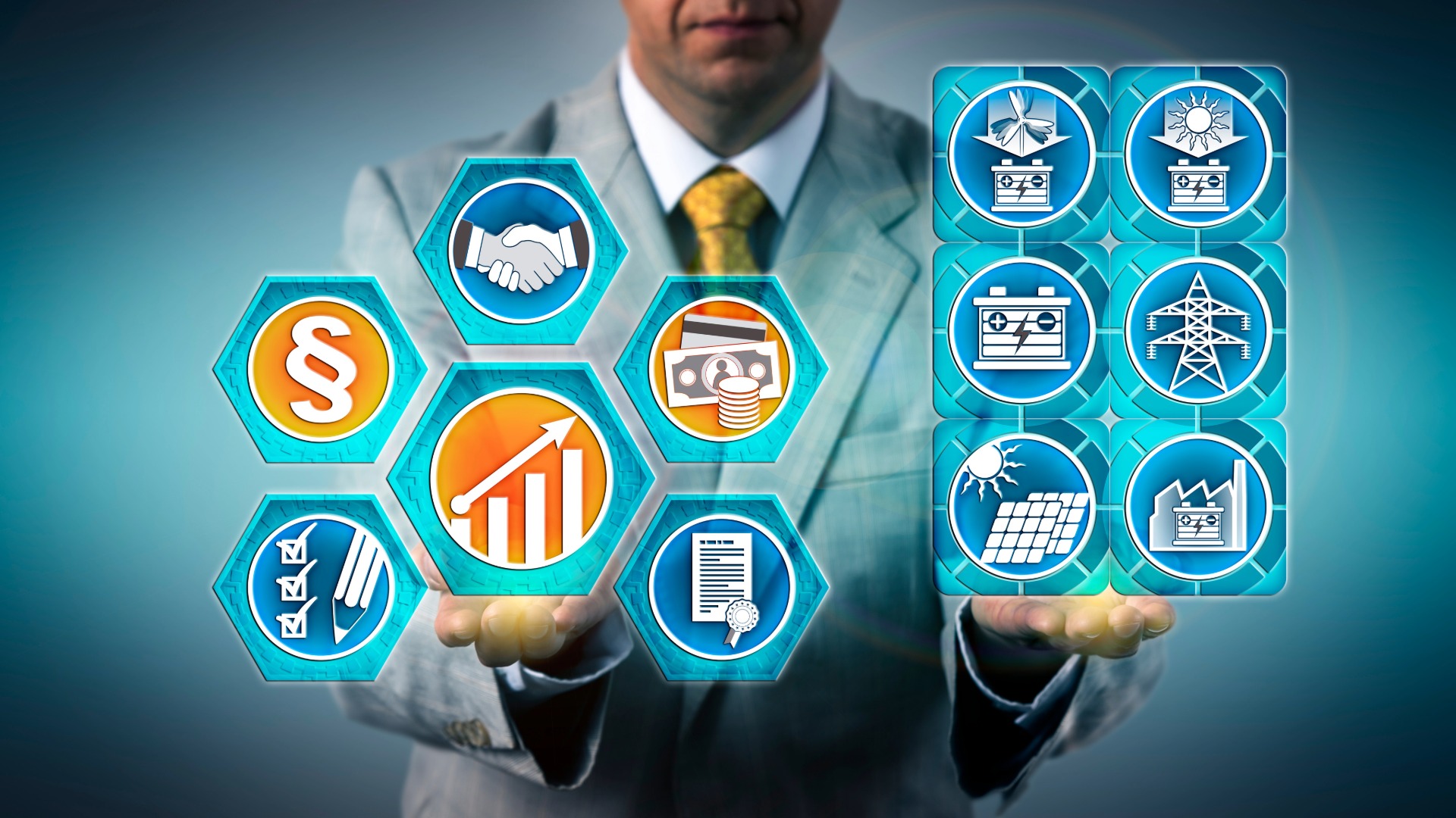 A man in a business suit juggles icons representing energy risk management incentive options.