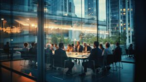 A group of stakeholders sit around a table discussing renewable energy procurement ROI.