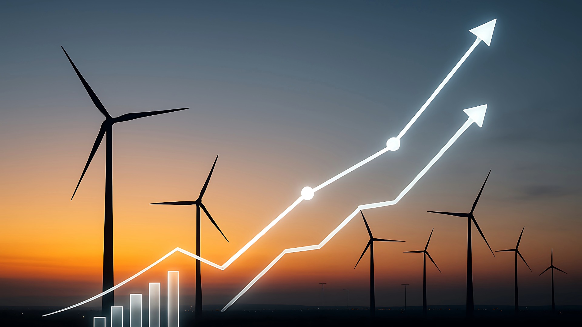 An upward trend graph overlayed on windmills to depict renewable energy procurement scalability