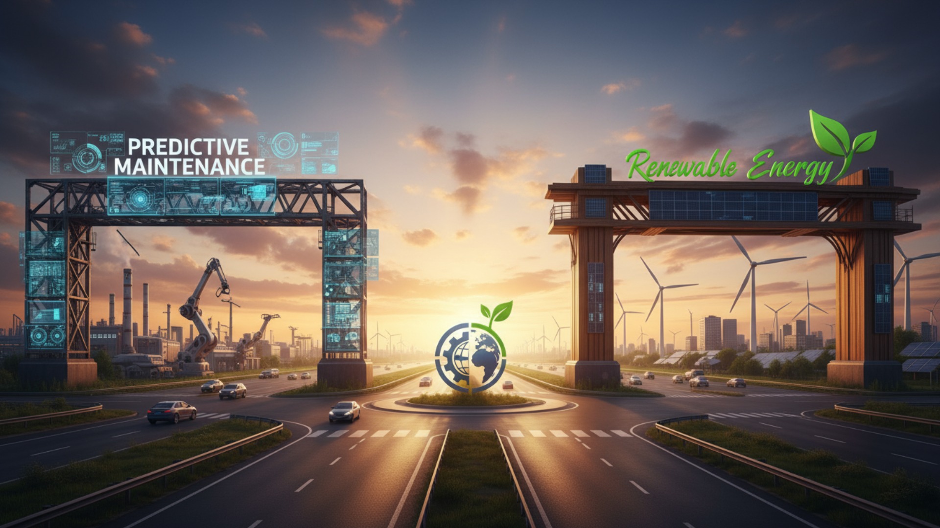 An intersection in the roadway. On one side is predictive maintenance and the other side is renewable energy procurement.