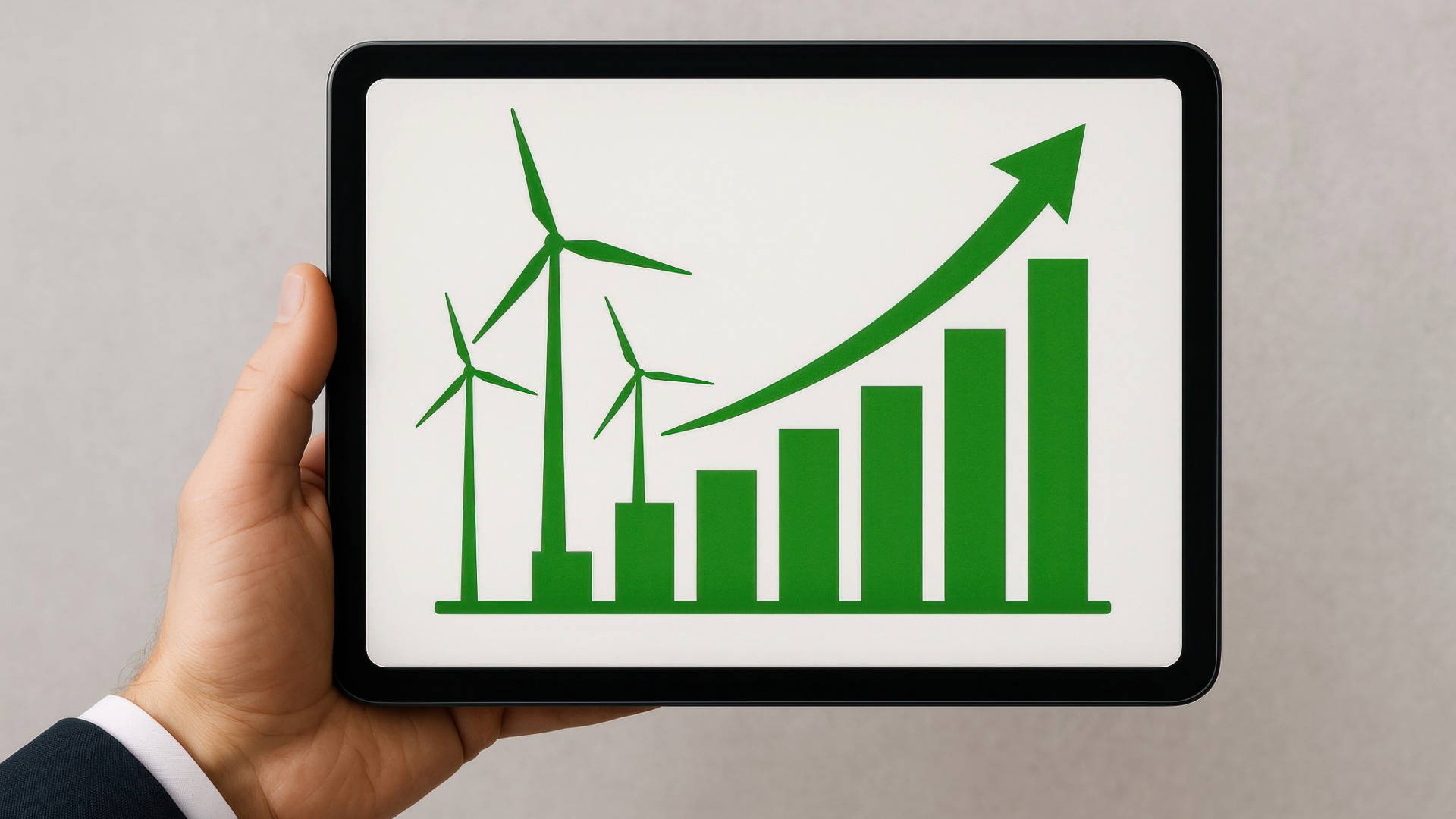 A man holds a tablet showing the ROI for renewable energy procurement off-site PPAs. 
