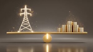 A scale balances a power structure on one end and money on the other to represent energy demand management cost stability.