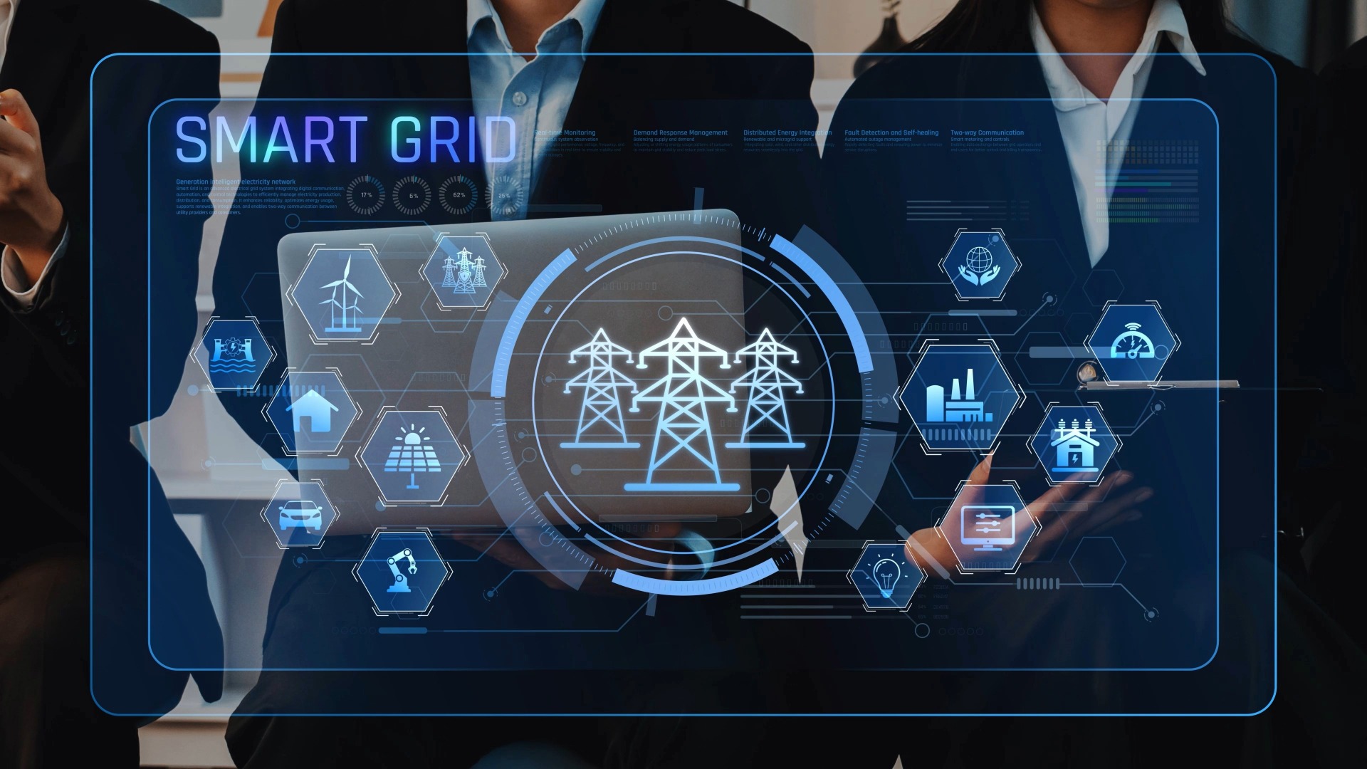 Energy demand forecasting symbols float around in front of a man in a business suit.