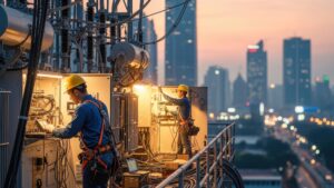 Workers check the power grid for energy demand management purposes.
