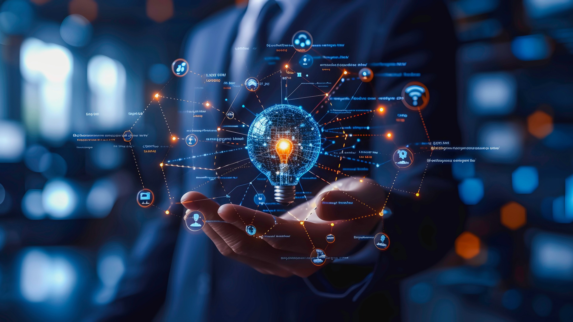 A man in a suit holds a lightbulb representing energy demand management solutions.