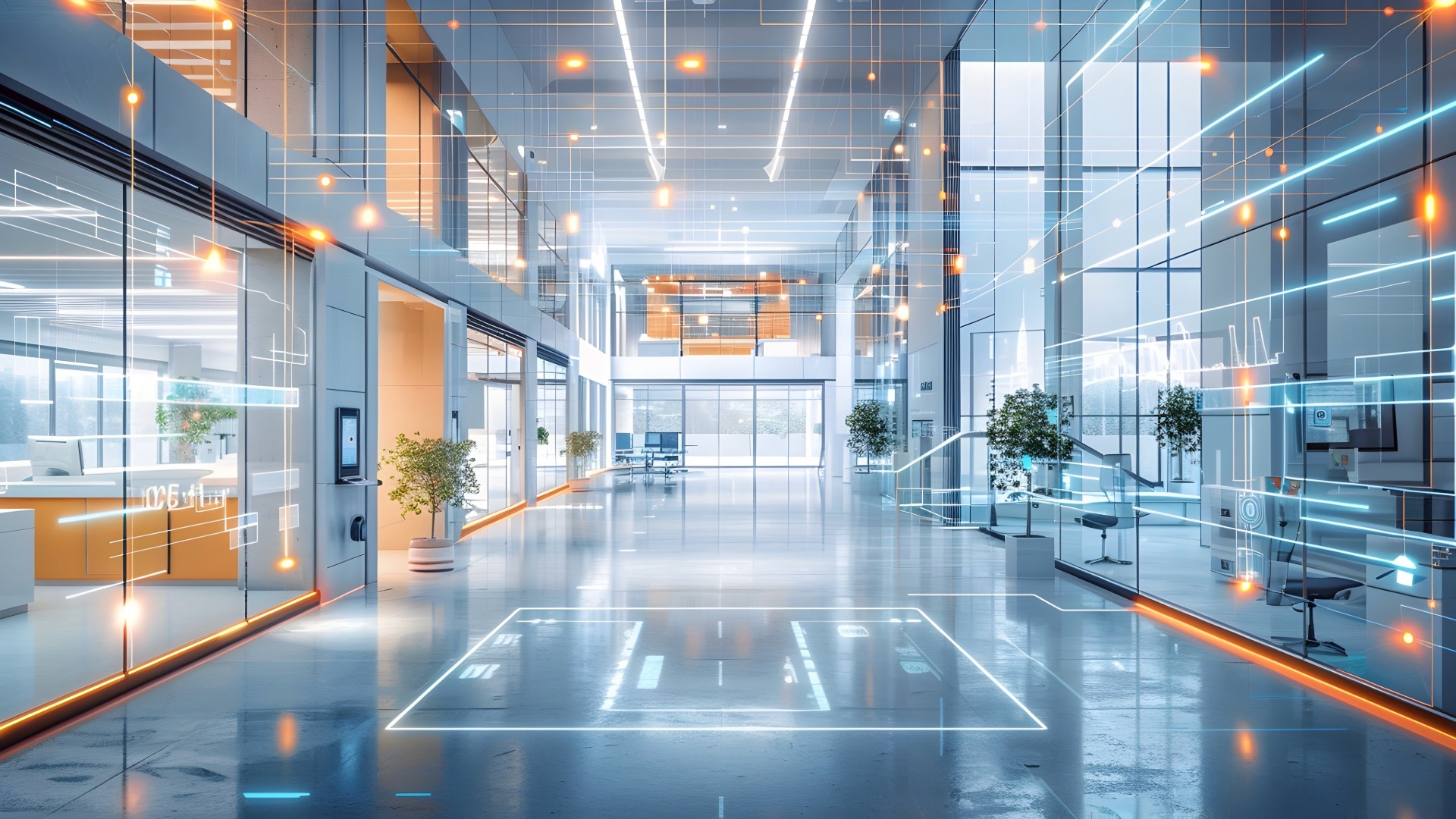 The interior of a building with energy flowing through it to represent energy demand management benchmarking.