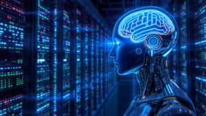An AI bot image stands in front of a data center that's part of a company's energy procurement strategy