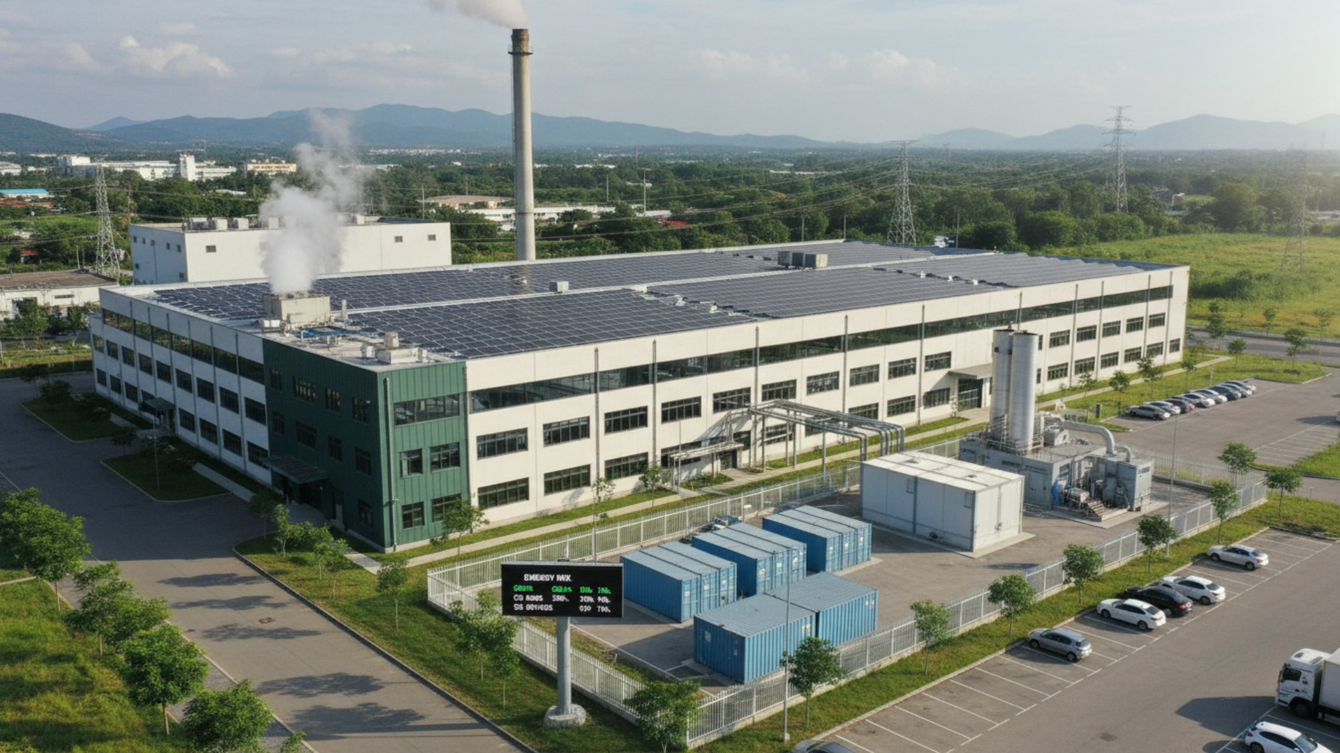 An industrial complex blends traditional energy procurement with on-site solar, storage, and CHP.