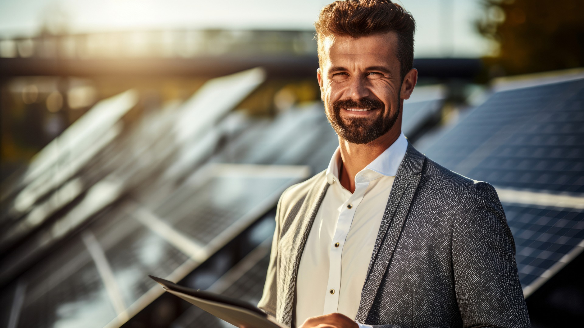 An energy procurement specialist stands in front of solar panels. 