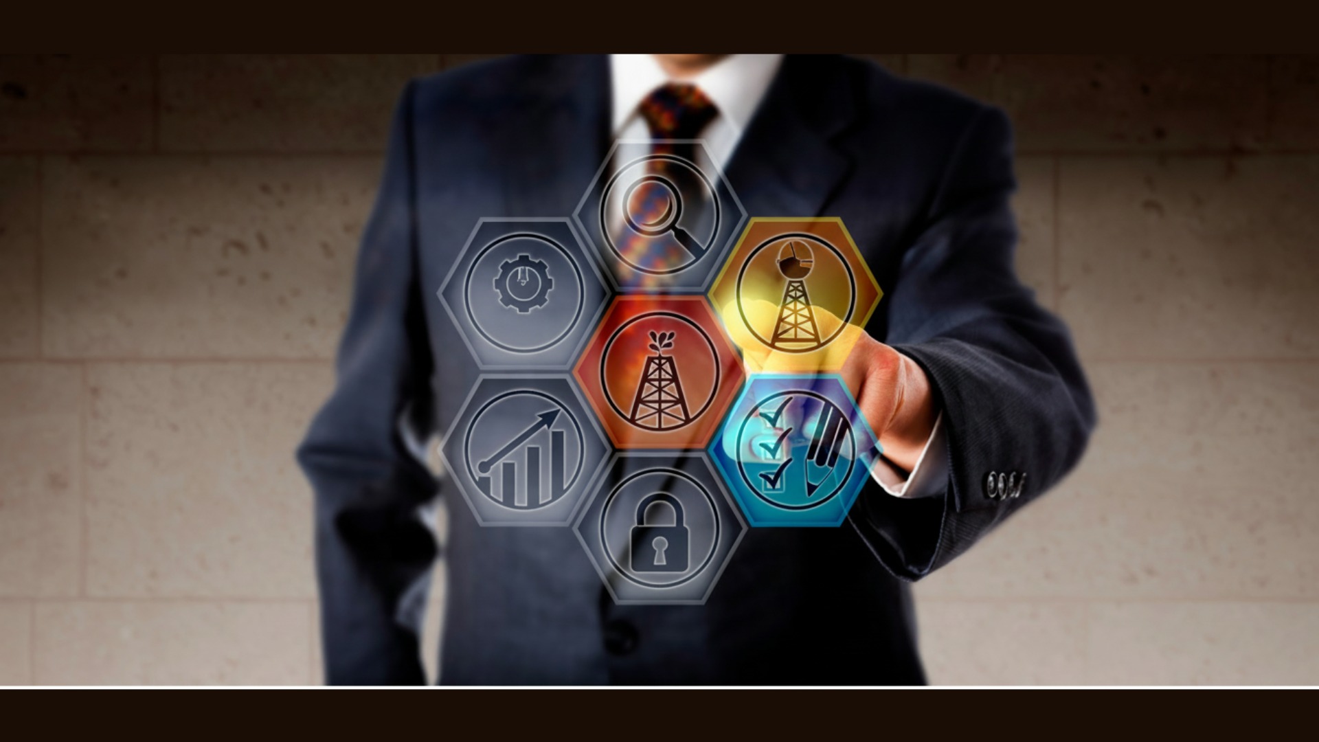 An energy procurement specialist in a business suit points to regulatory risk management symbols.