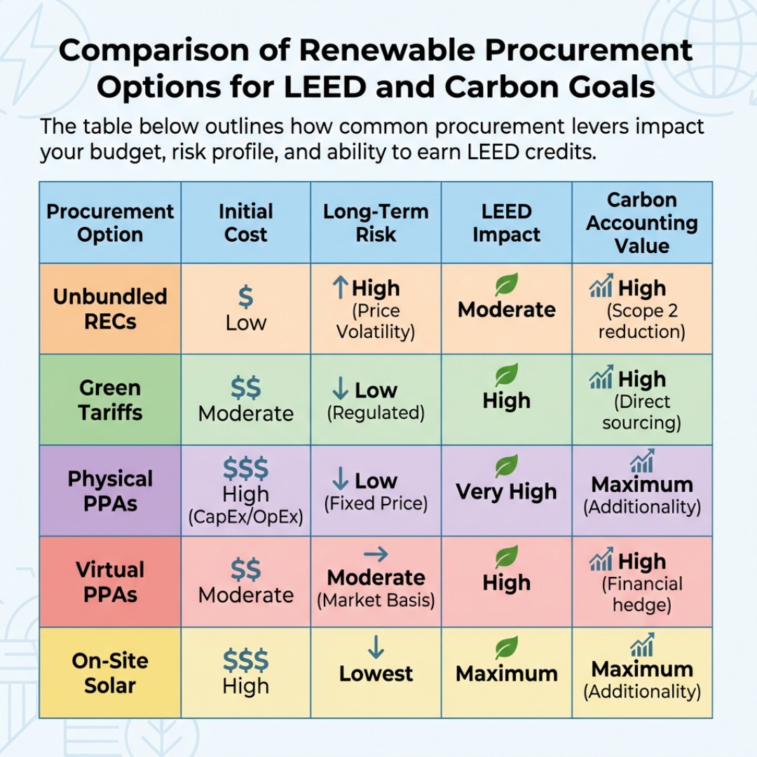 Renewable energy procurement options chart for campus energy management