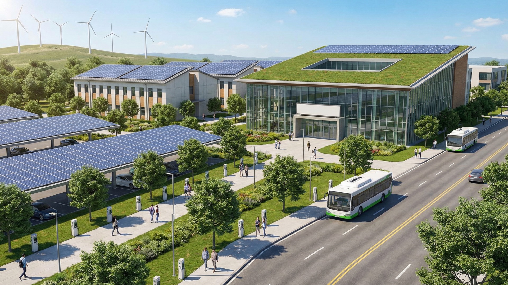 A college campus with sustainable energy as part ofits campus energy management strategy.