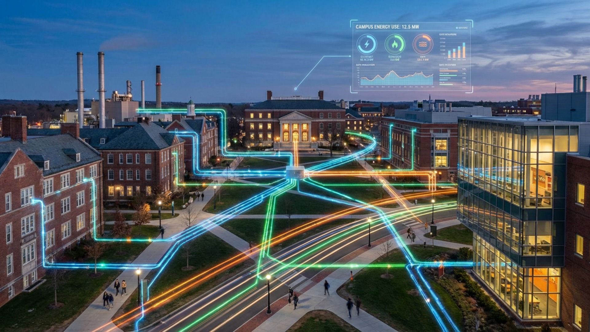 A college campus with an overlay of energy to signify campus energy management strategies.
