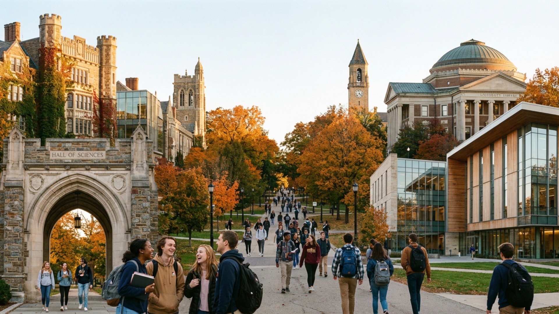 Students walk between classes on a college campus.