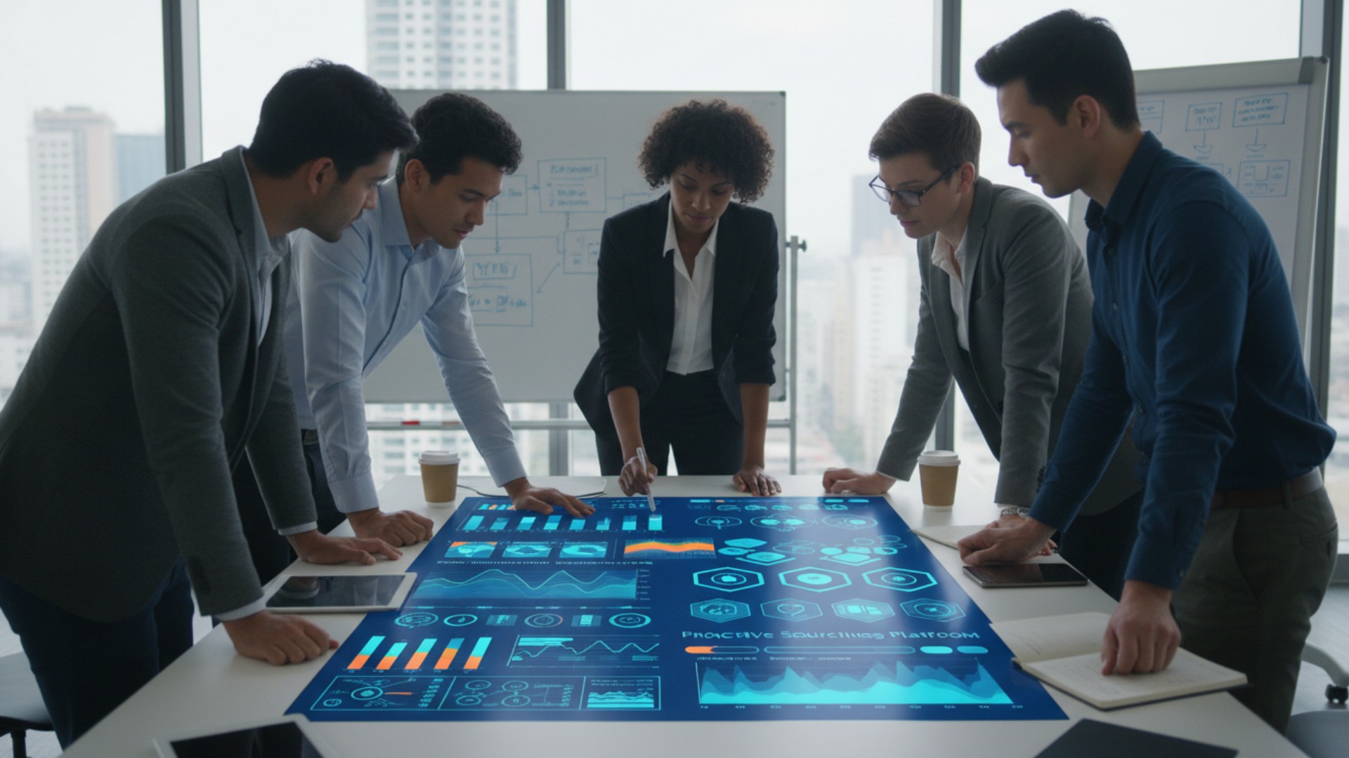 Energy procurement specialists gather around a table that displays energy data. 