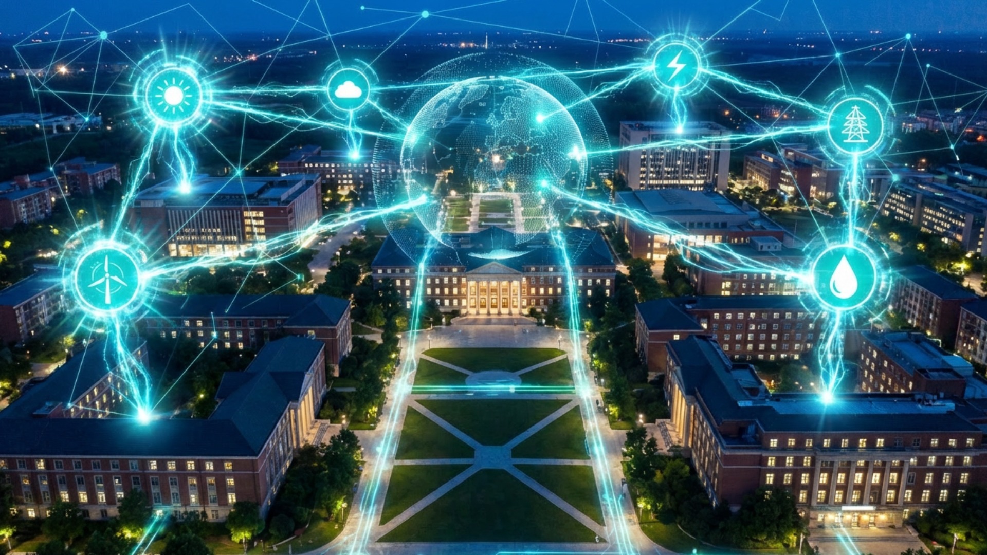 Public sector energy bidding symbols overlayed on a college campus.