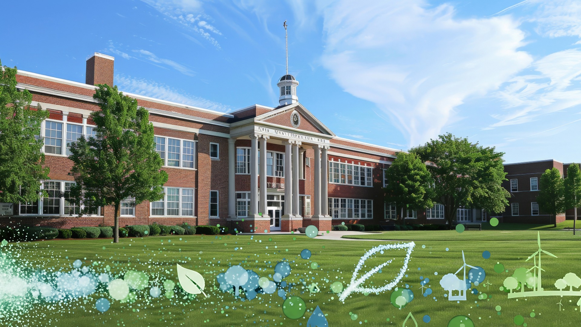 A K-12 school building overlayed with campus energy management symbols.