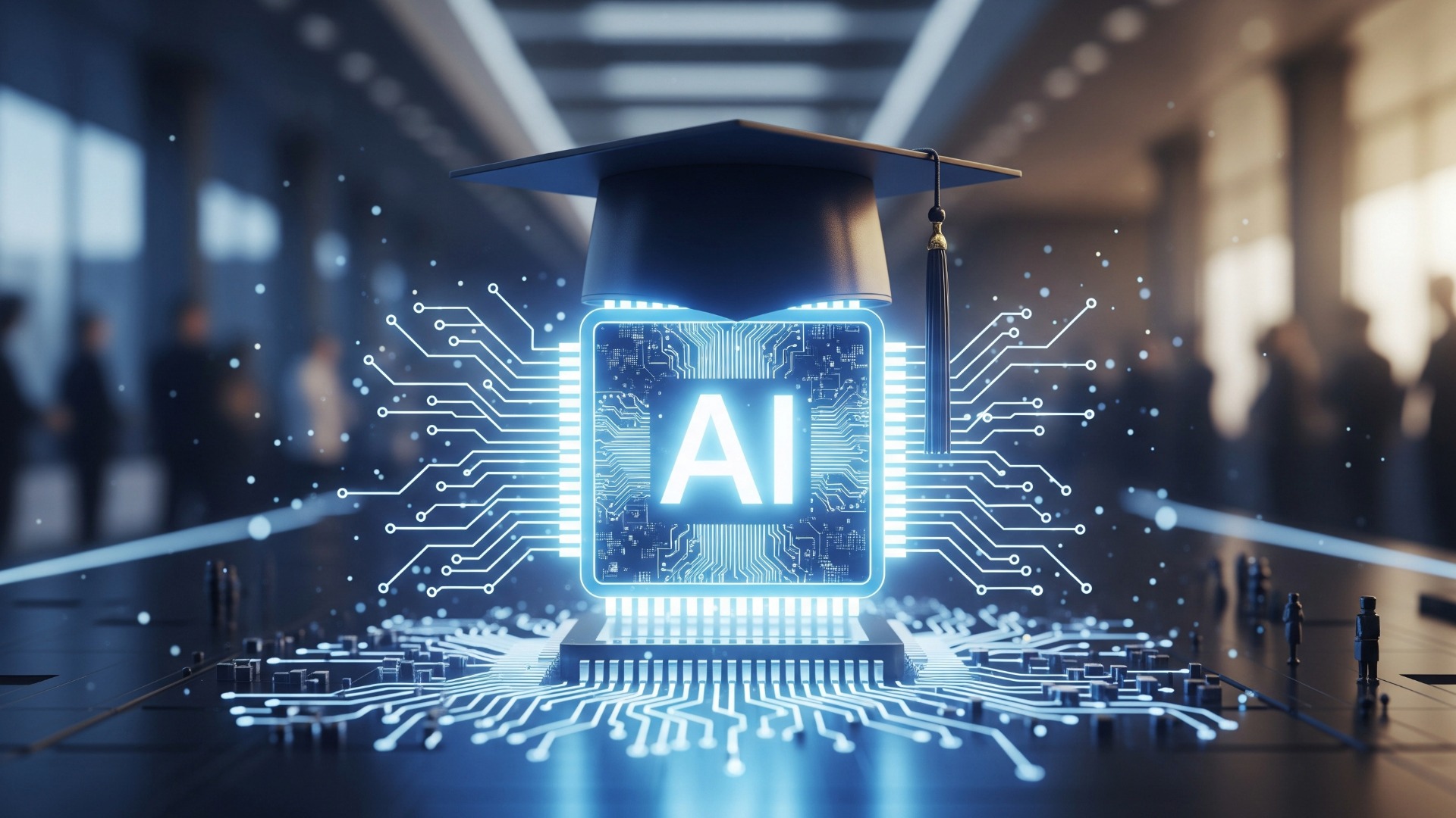 A graduation cap sits on the letters AI on a university.