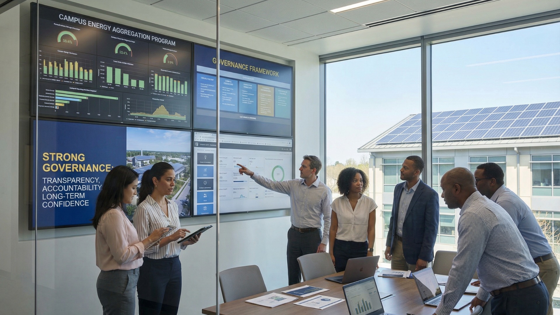 A meeting about campus energy management aggregated programs.