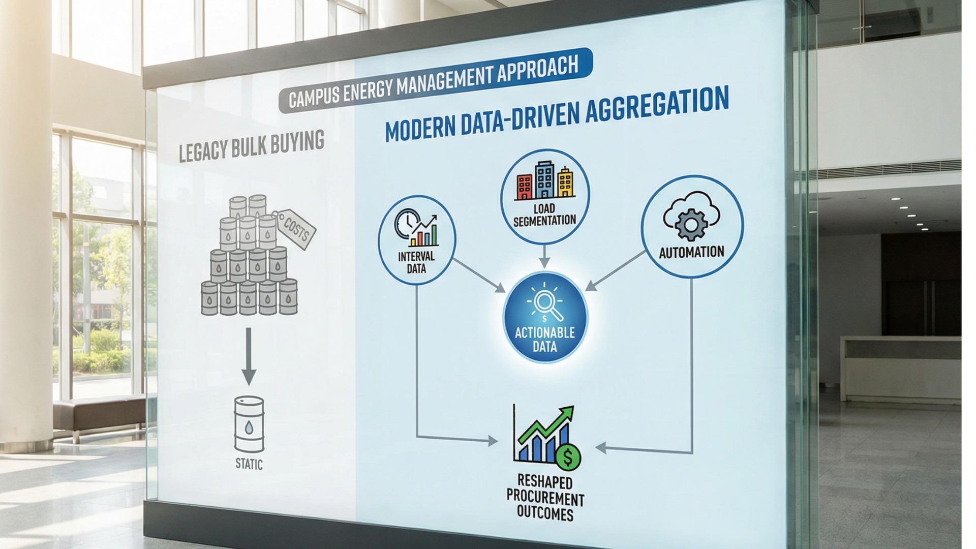 A campus energy management chart that shows drivers of aggregation value like interval data and load profiles.