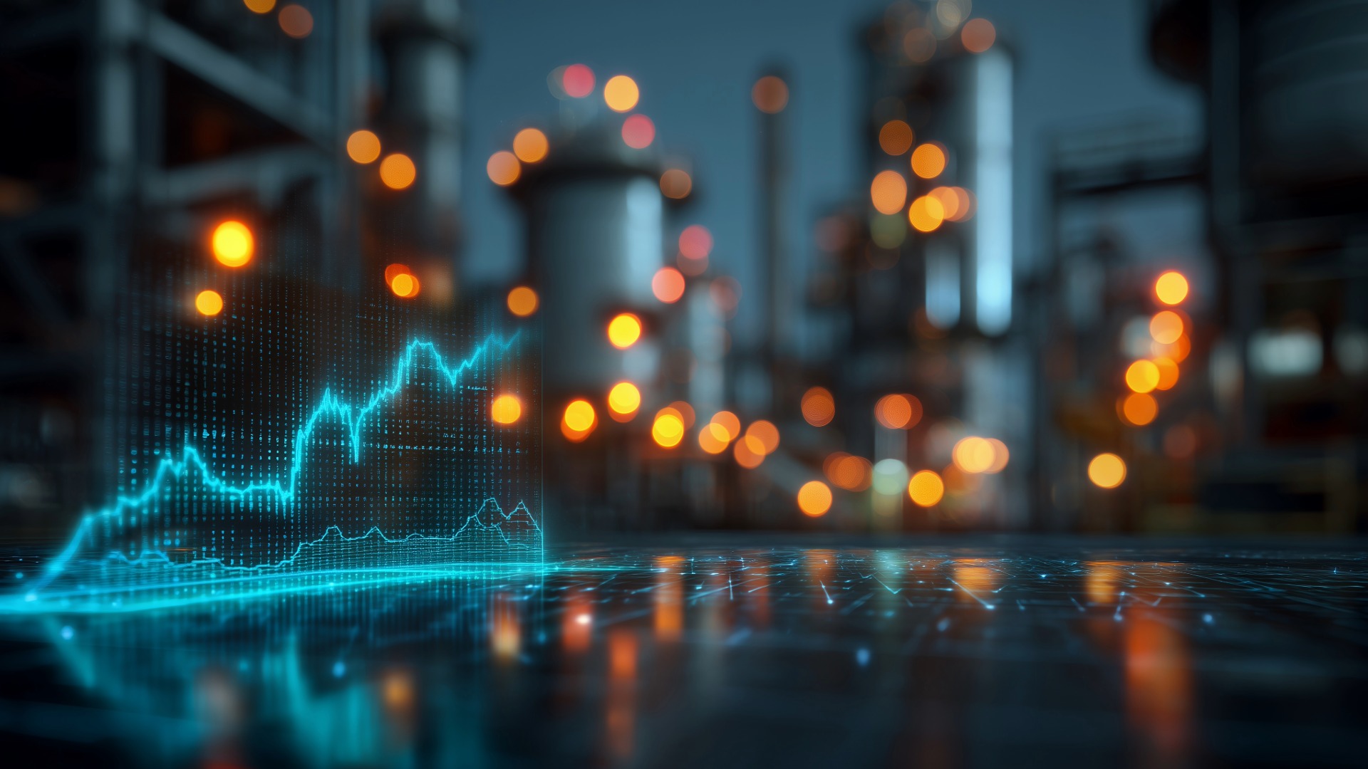 An energy flow chart sits next to a manufacturing facility to signify alternative electricity hedging strategies.