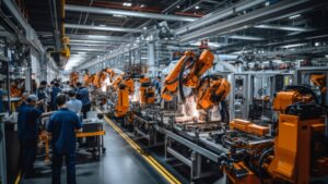 Workers in a large manufacturing facility where electricity hedging strategies are used to control costs.