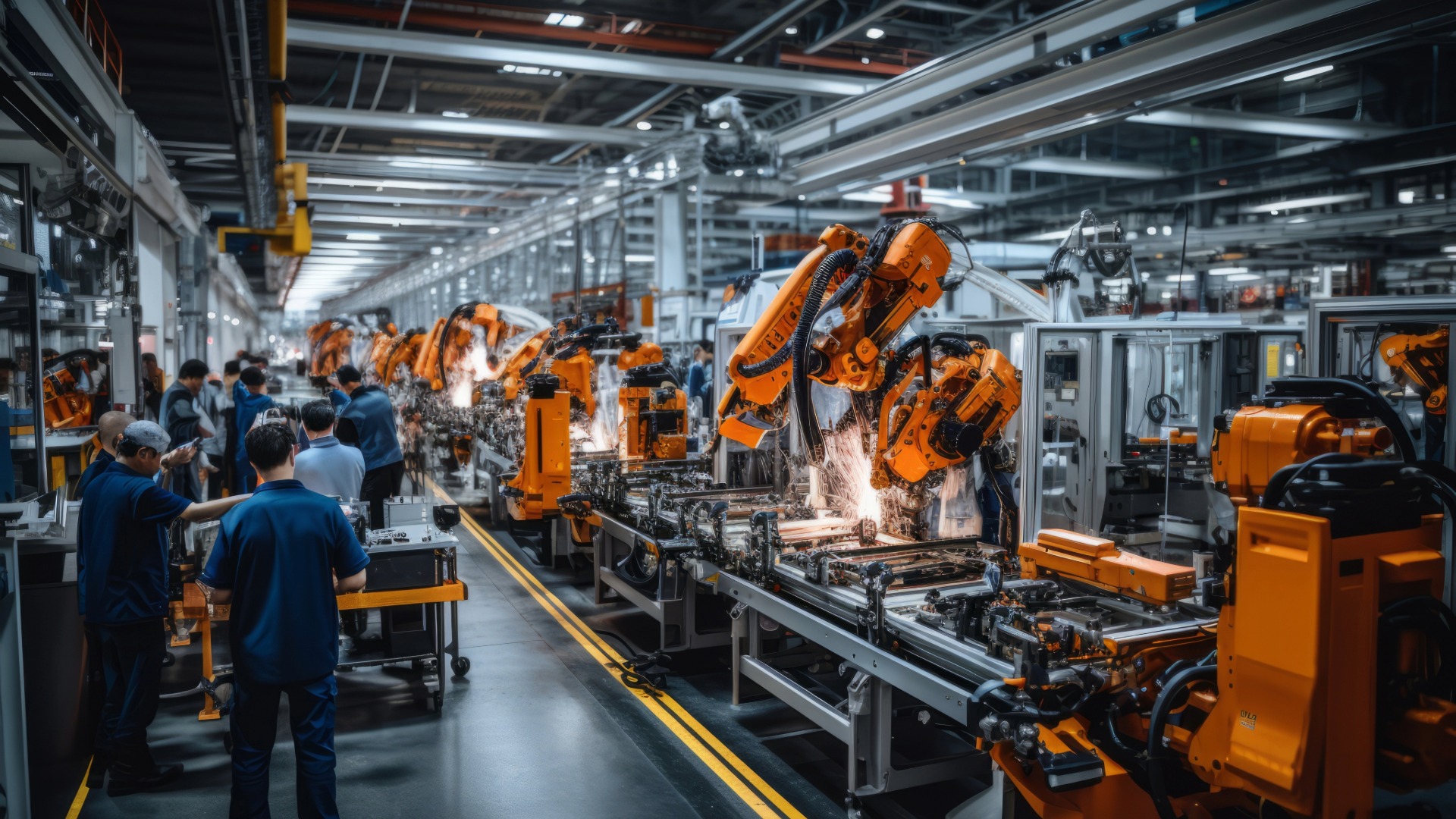 Workers in a large manufacturing facility where electricity hedging strategies are used to control costs.
