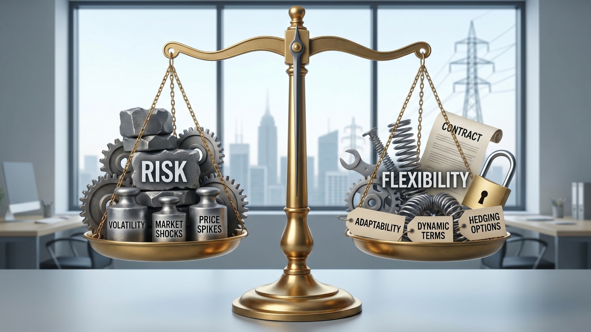 Scales balancing risk with flexibility in commercial energy procurement.
