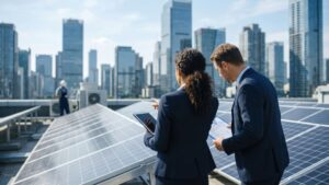 Commercial energy procurement specialists perform an energy audit on the roof of a commercial building with the city skyline in the background.